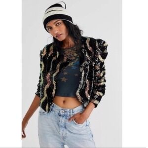 NWT Free People BlankNYC Beauty Spot Black Pink Sequins Blazer Chic Bold XS